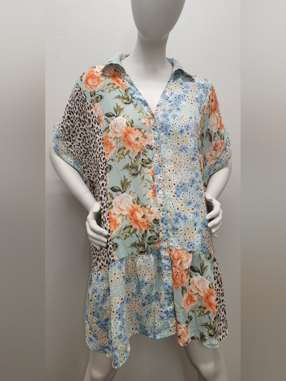 Umgee Mint & Coral Floral Patchwork Button-Up Tunic Sz:2xl
